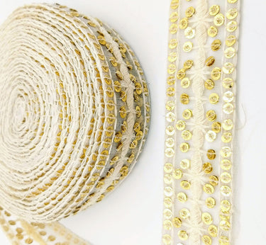 Nine Yards White Net Lace Trim Floral Embroidered With Gold Sequins, Sequinned Trim, Wedding Trim Bridal Trim